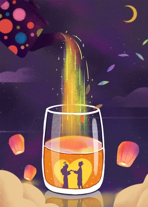 Fantasy postcard of rainbow light poured into a glass with silhouetted couple, sky lanterns and crescent moon