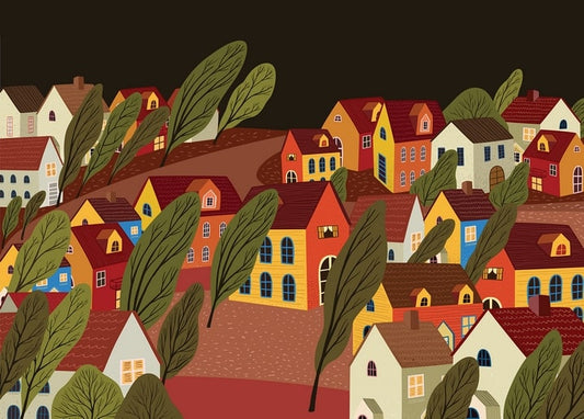 Illustrated hillside village at night with lit windows and wind-bent trees