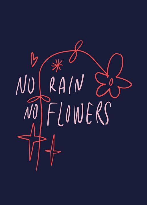 Strichzeichnung von Blume, Herz und Sternen mit dem Schriftzug „Kein Regen, keine Blumen“ auf marineblauem Grund