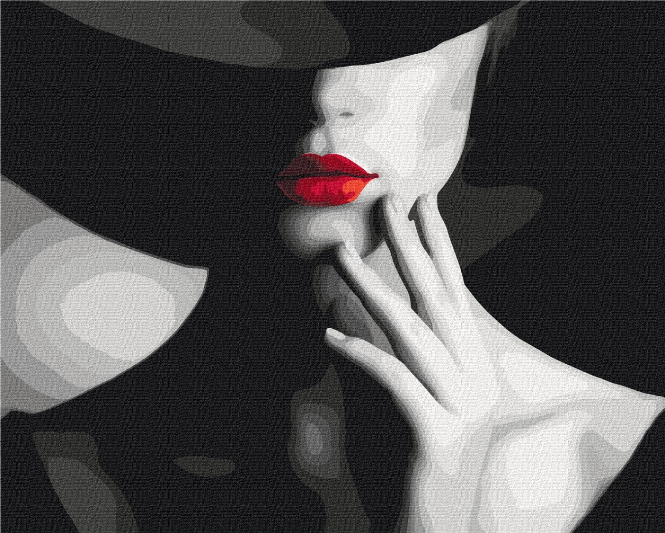 Noir-style painting by numbers of a woman in a wide-brim hat with red lips