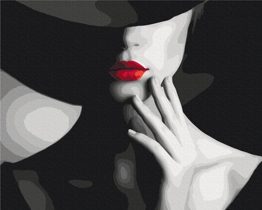 Noir-style painting by numbers of a woman in a wide-brim hat with red lips