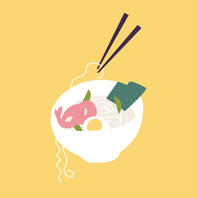 Illustrated bowl of noodle soup with chopsticks, pink fish cake, and seaweed on yellow background