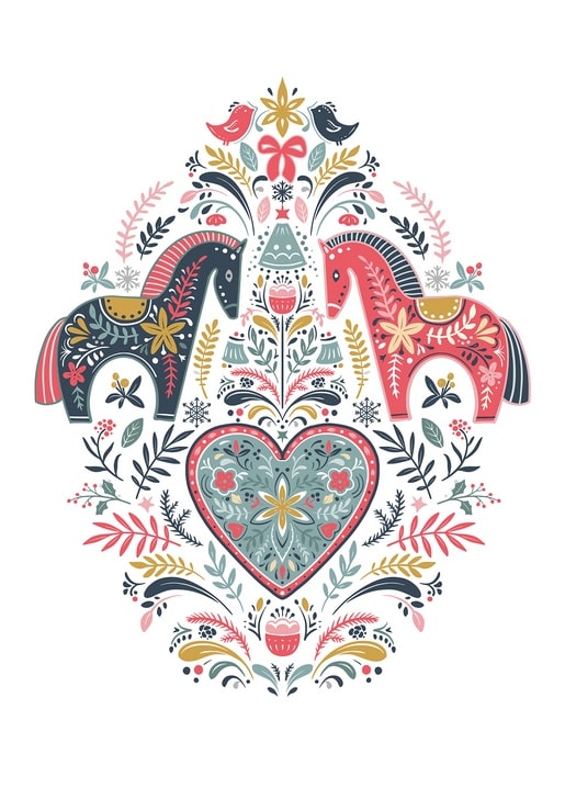 Symmetrische Volkskunst-Illustration zweier Pferde um ein florales Herz mit Vögeln und Schneeflocken