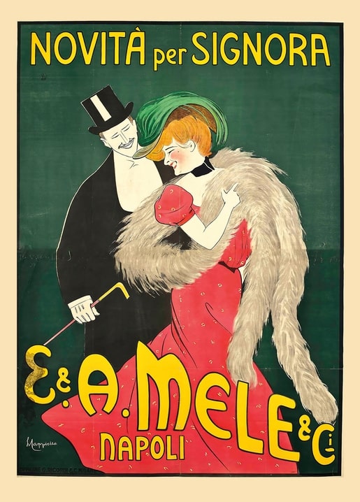 Рекламний плакат «Novità per Signora» модного дому E. & A. Mele & C. з Наполі, стиль Belle Époque