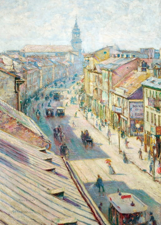 Władysław Podkowiński painting of a sunny, crowded street scene on Nowy Świat in Warsaw.