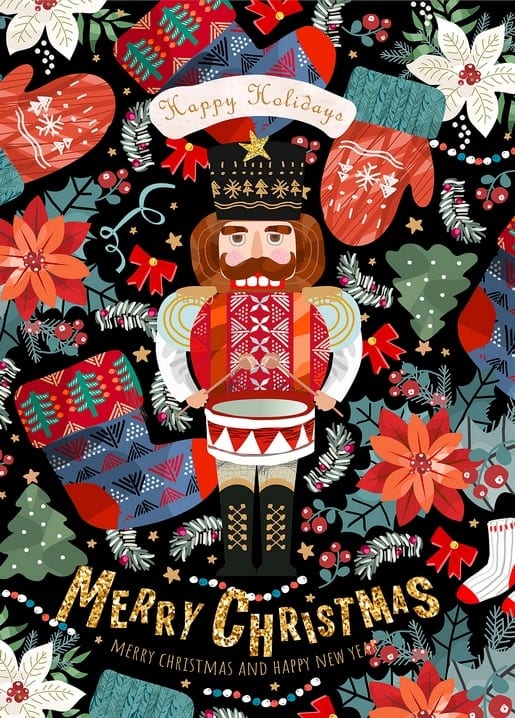 Illustrierter Nussknacker mit Trommel zwischen Weihnachtssternen und gemusterten Fäustlingen auf Schwarz
