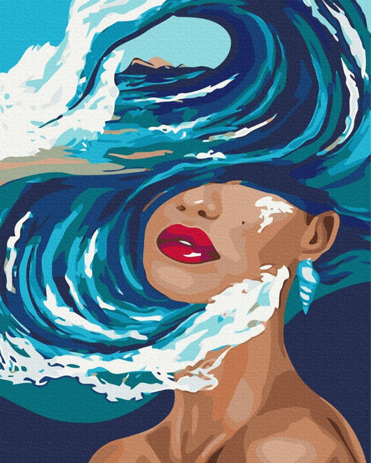 Woman's face with hair dissolving into an ocean wave, red lips, teal and blue tones