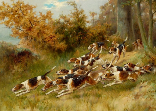 Fuchshundemeute rennt durch goldenen Herbstwald, Gemälde von Thomas Blinks