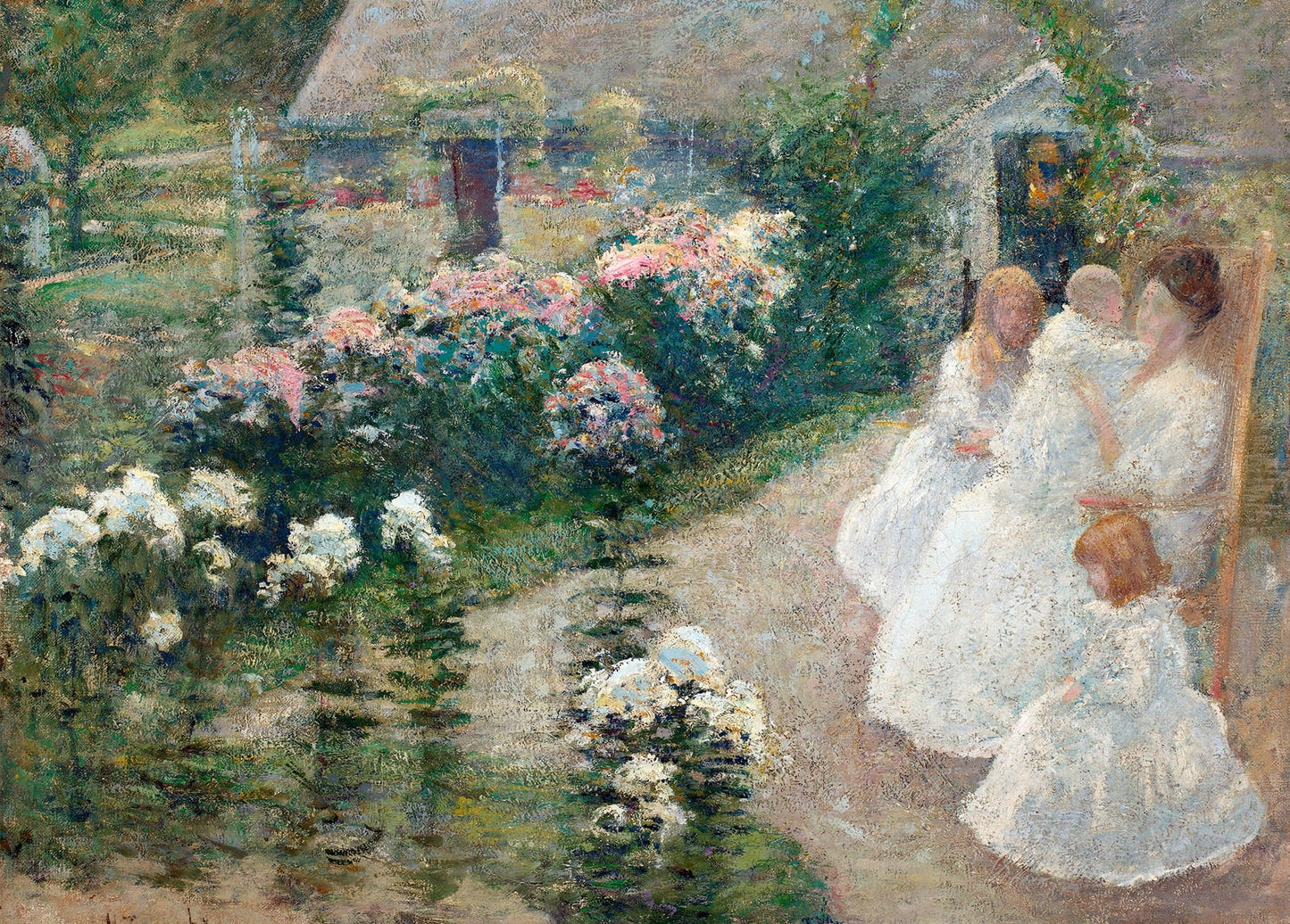 Twachtman painting of women in white on a garden terrace among blooming roses