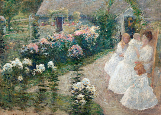 Twachtman painting of women in white on a garden terrace among blooming roses