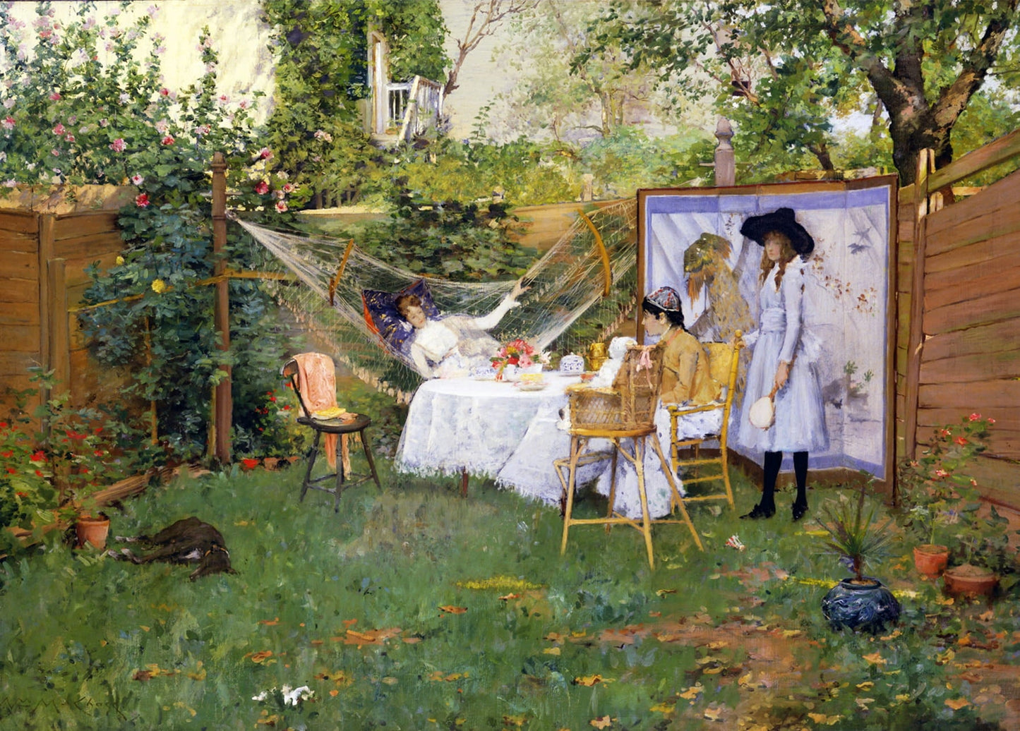 Chase painting of a hammock, breakfast table, and children in a shaded backyard
