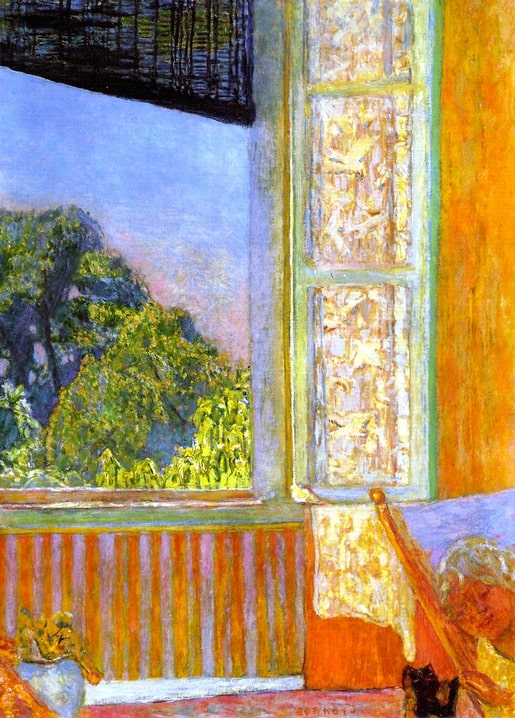 Bonnard painting of a sunlit room with an open window, green garden view, and a black cat