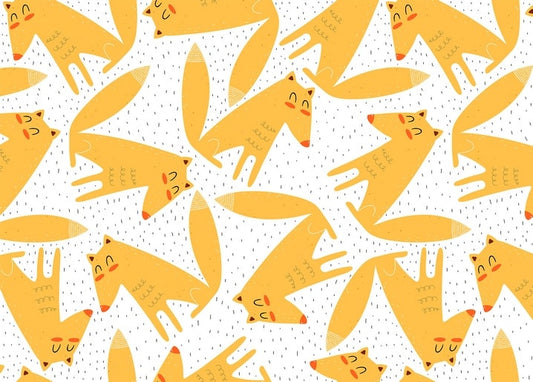 Seamless pattern of playful orange foxes on a lightly speckled white background