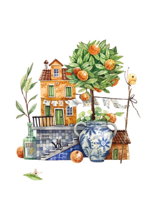 Watercolor Mediterranean house with orange tree, ceramic jug and black cat on stairs