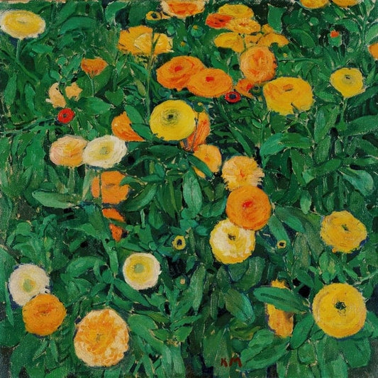 Gemälde dichter orange-gelber Gartenblumen mit grünem Laub von Koloman Moser