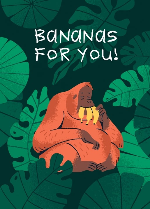 Illustrated orangutan eating bananas among jungle leaves