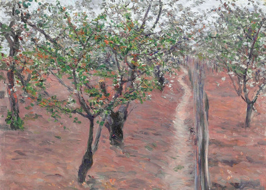 Картина Кайботта: квітучий сад — білий цвіт над рожевуватою землею та стежка між деревами