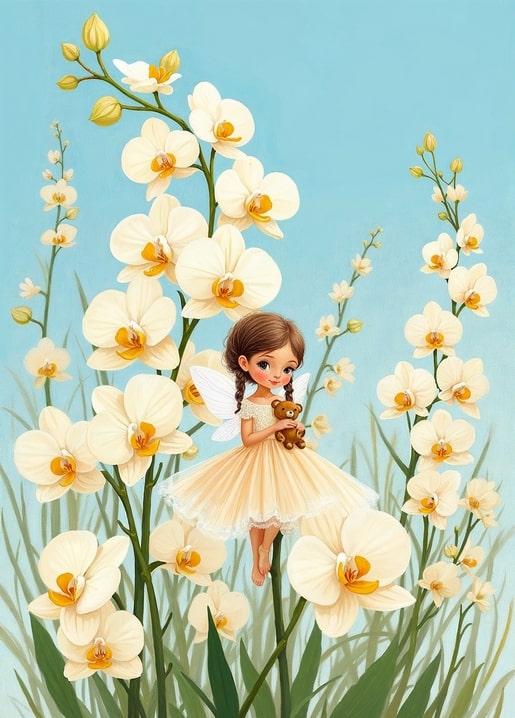 Fee mit Zöpfen hält einen Teddybären zwischen cremegelben Orchideenblüten