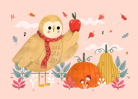 Barn owl in a red polka-dot scarf holding an apple next to two pumpkins