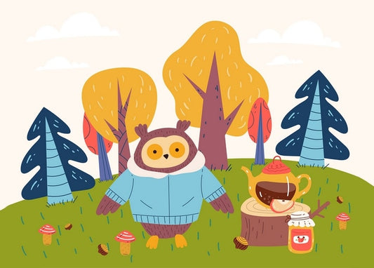 Illustrated owl in a blue sweater with tea and honey on a tree stump in an autumn forest