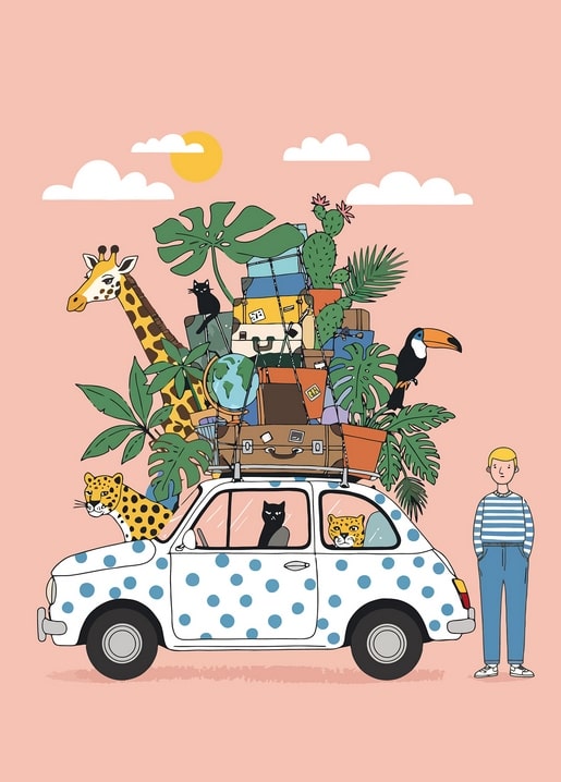 Illustration of a polka-dot car packed with suitcases, plants, and a giraffe, leopard, cat, and toucan for a road trip