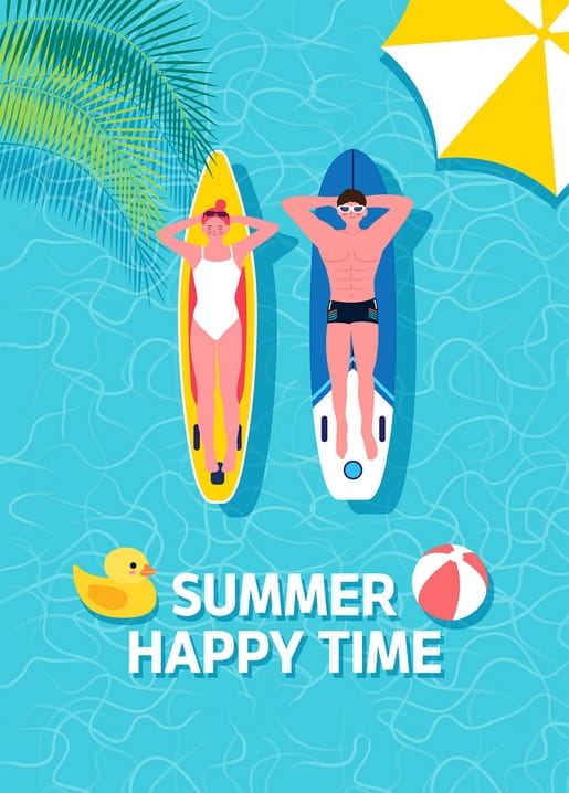 Illustration: Paar liegt auf Paddleboards im türkisfarbenen Wasser, daneben Sonnenschirm und Gummiente