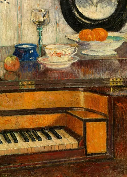 Historic still life with an old piano, porcelain, glassware and oranges