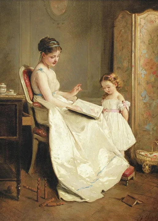 Charles Chaplin's The Lesson, a nineteenth-century French painting of a woman teaching a young girl to read