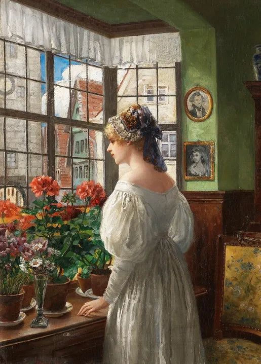 Carl Röhling's Dame am Fenster, 1880, a German painting of a woman in a white dress standing beside flowers at a window