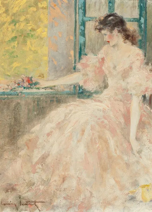 Louis Icart's Femme Pensive, an elegant French painting of a contemplative woman in a pale dress by a window