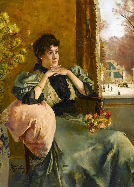 Alfred Stevens' Femme pensive près d’une fenêtre, a Belgian painting of a contemplative woman in an elegant dress beside a window