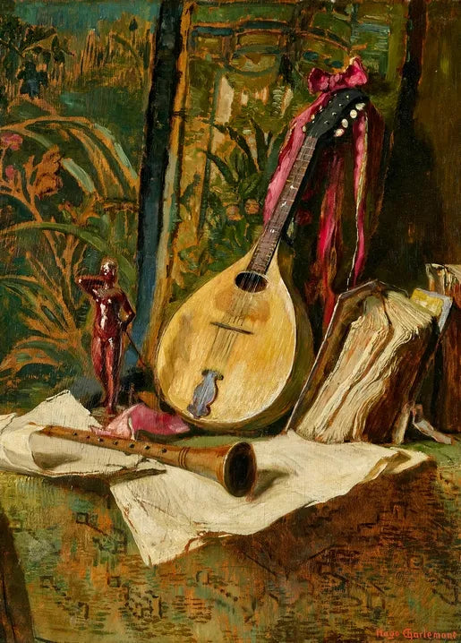 Hugo Charlemont's Still Life with Lute, a nineteenth-century Austrian painting with a lute, books, flowers and a woodwind instrument