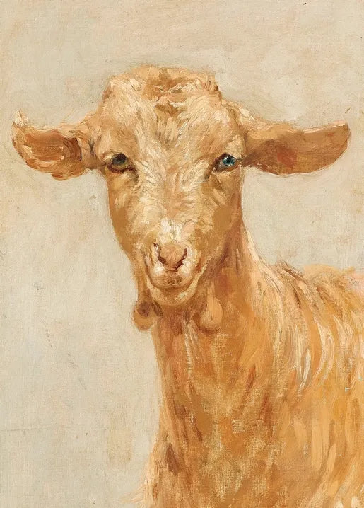 Historic animal portrait of a goat in warm ochre and cream tones