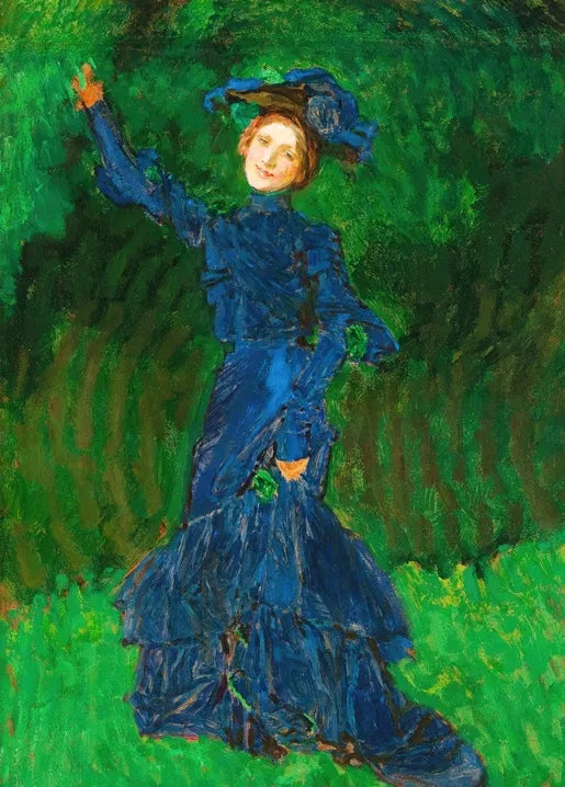Józef Mehoffer's Figure of a Woman, 1902, a Polish painting study of a woman in a vivid blue dress in a garden