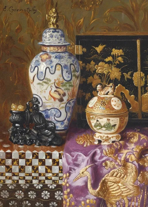 Ernst Czernotzky's Stillleben mit Asiatika, a richly coloured still life with Asian porcelain, decorative objects, books and textiles