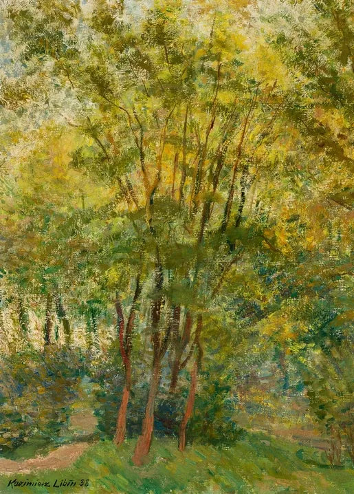 Kazimierz Libin's Forest in the Autumn, 1938, a Polish landscape painting of trees and golden autumn foliage