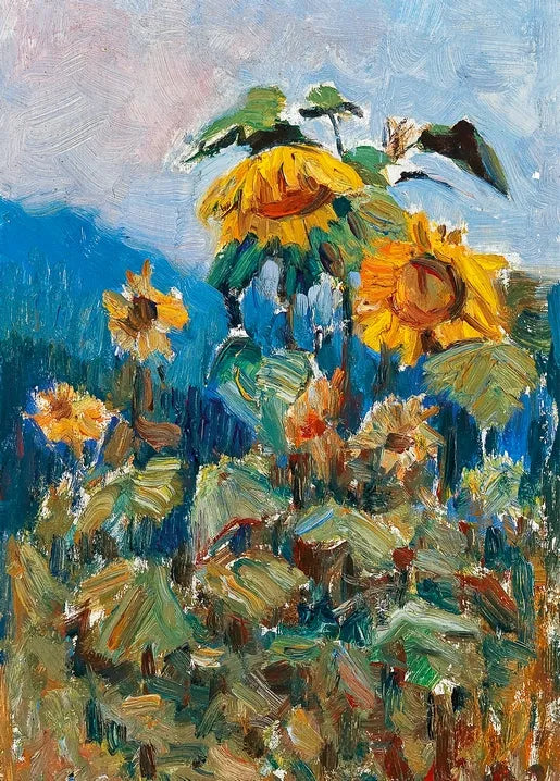 Marie Egner's Study of Sunflowers, circa 1920, an Austrian painting of golden sunflowers rising from green foliage against a blue landscape