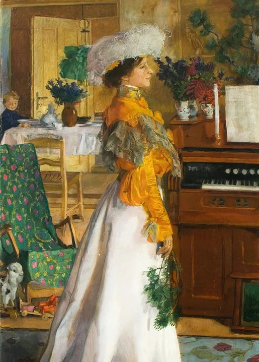 Józef Mehoffer's Portrait of Wife, 1904, showing Jadwiga Mehoffer in an orange blouse and white skirt inside a summer house