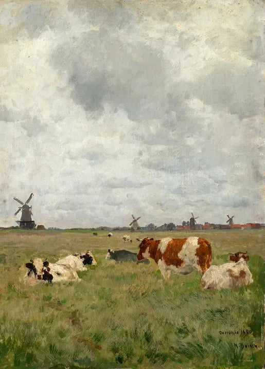 Hermann Baisch's Rinder auf der Weide bei Overschie, 1890, a pastoral landscape with cattle grazing in a Dutch meadow and windmills on the horizon