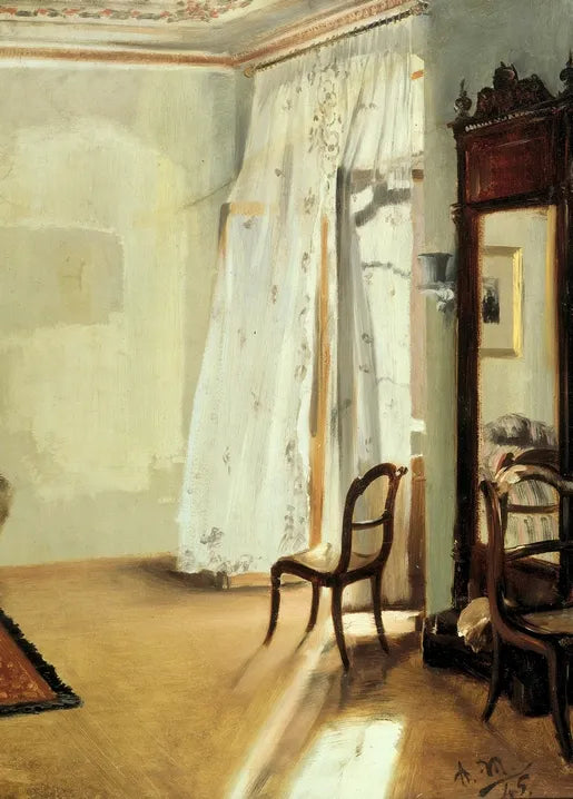 Adolph von Menzel's The Balcony Room, 1845, a quiet nineteenth-century interior with white curtains, a mirror, chair and sunlight