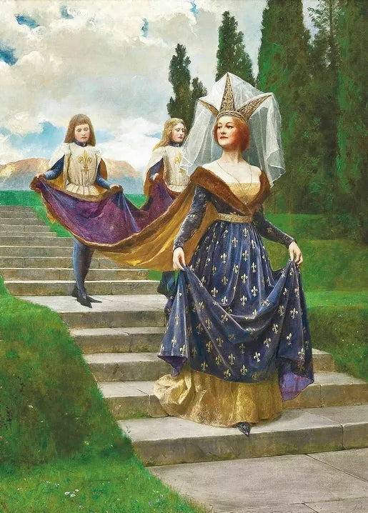 John Collier's The Grand Lady, a Victorian painting of an aristocratic woman descending a stone staircase