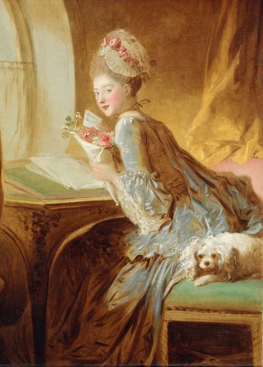 Jean-Honoré Fragonard's The Love Letter, early 1770s, a Rococo scene of a woman holding a card and flowers beside a small white dog