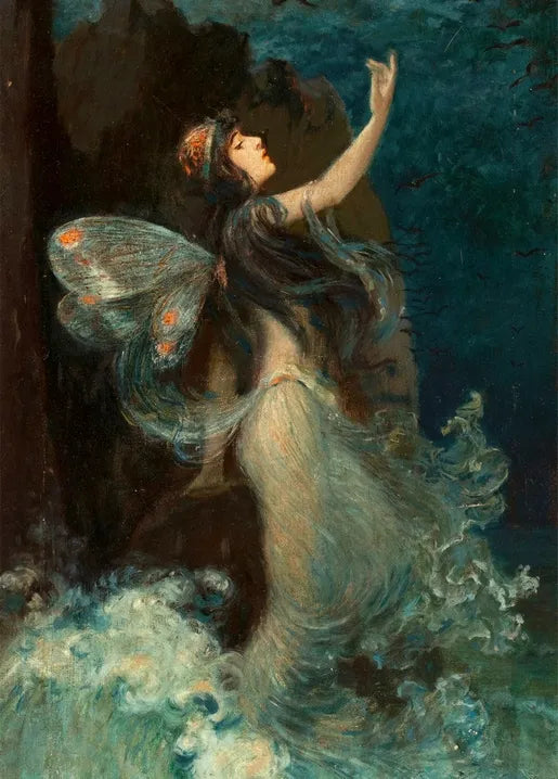 Paul Swan's Water Nymph, 1907, a mythological female figure rising from water in a flowing blue-green dress