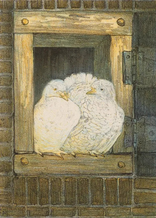 Theo van Hoytema's Witte duiven in venster, 1878–1910, a Dutch colour lithograph of two white doves sitting on a windowsill