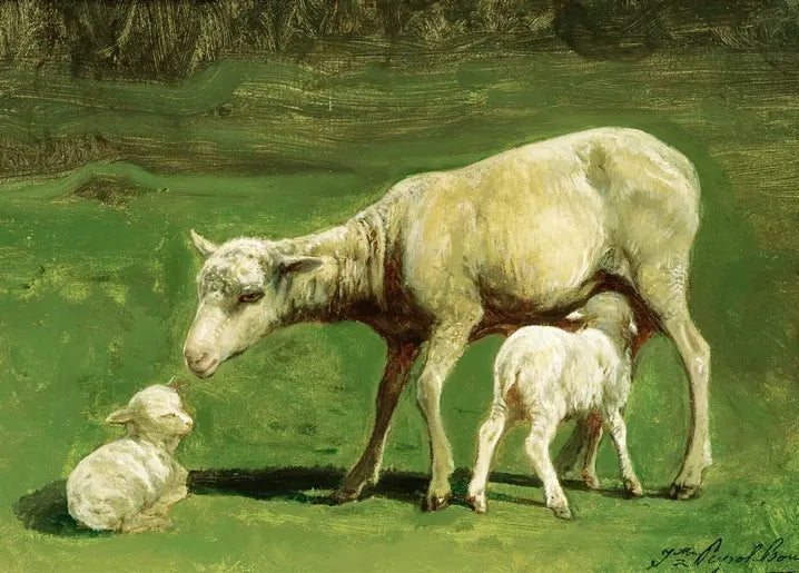 Juliette Peyrol-Bonheur's A Ewe and Two Lambs, a French pastoral painting of a ewe with two lambs in a green meadow