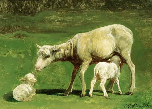 Juliette Peyrol-Bonheur's A Ewe and Two Lambs, a French pastoral painting of a ewe with two lambs in a green meadow