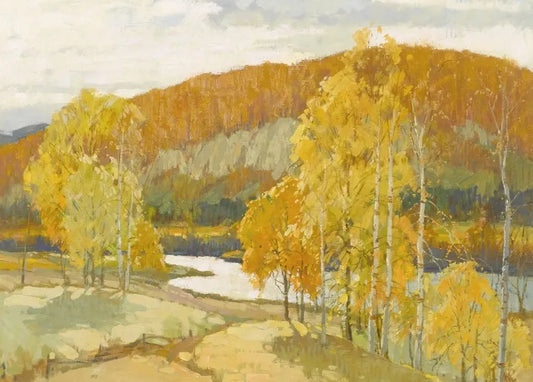 Frederick John Mulhaupt's Autumn, a golden American landscape with birch trees, a quiet river and wooded hills
