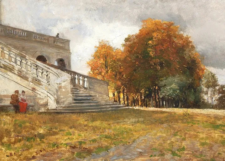 Hugo Charlemont's Resting at the Bottom of the Castle Steps, an autumn view of Solitude Palace with golden trees and a grand stone staircase