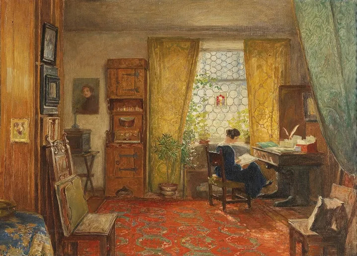 Hugo Charlemont's In the Studio, a woman reading or writing at a desk in a richly furnished historic interior