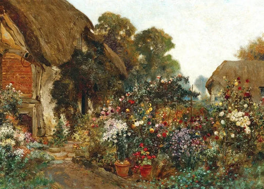 Hugo Charlemont's Blooming Cottage Garden, a lush rural garden filled with colorful flowers, terracotta pots and thatched cottages